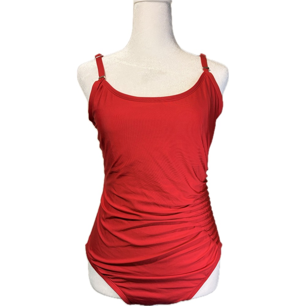 Calvin Klein Womens Red Ruched One Piece Swim Tummy Control 12